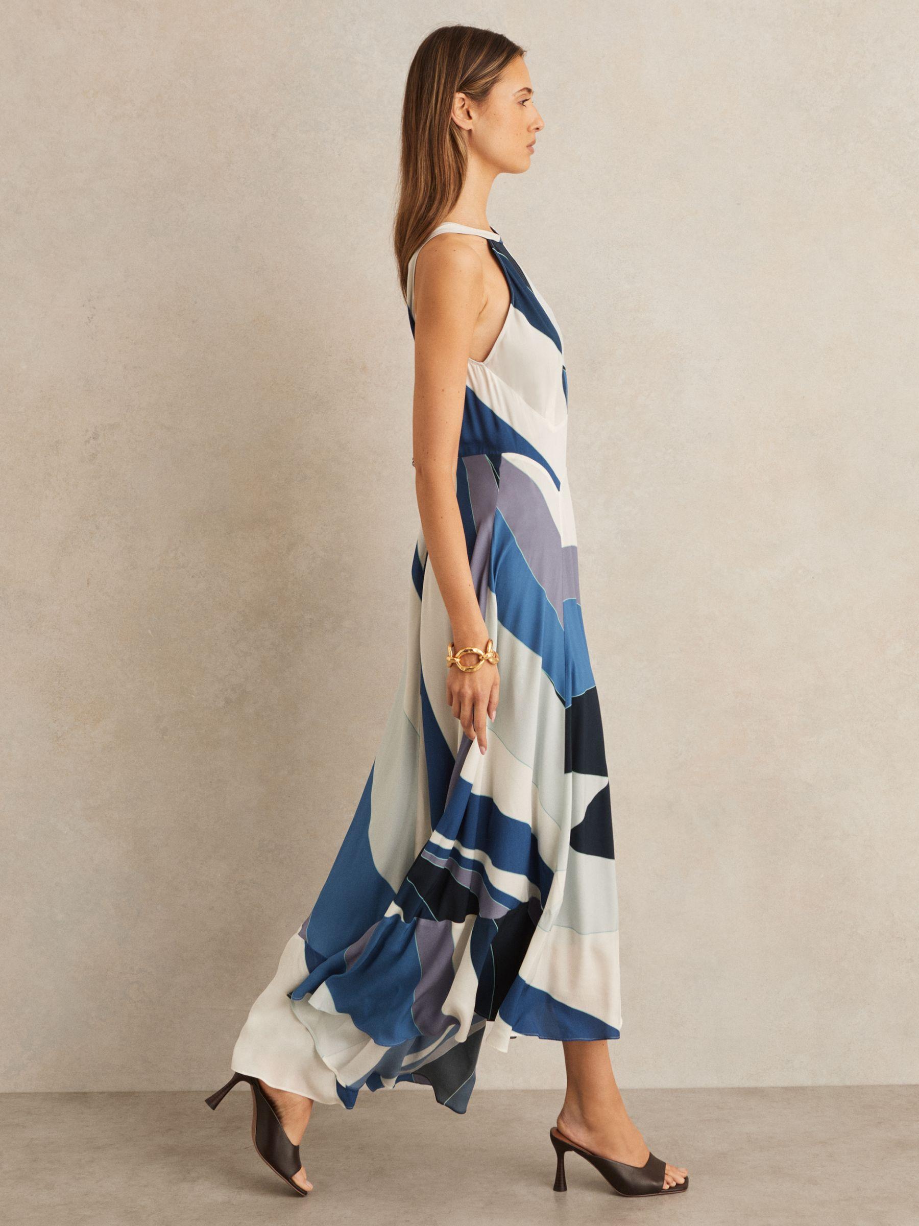 Stripe Print V-Back Midi Dress in Blue Product Image