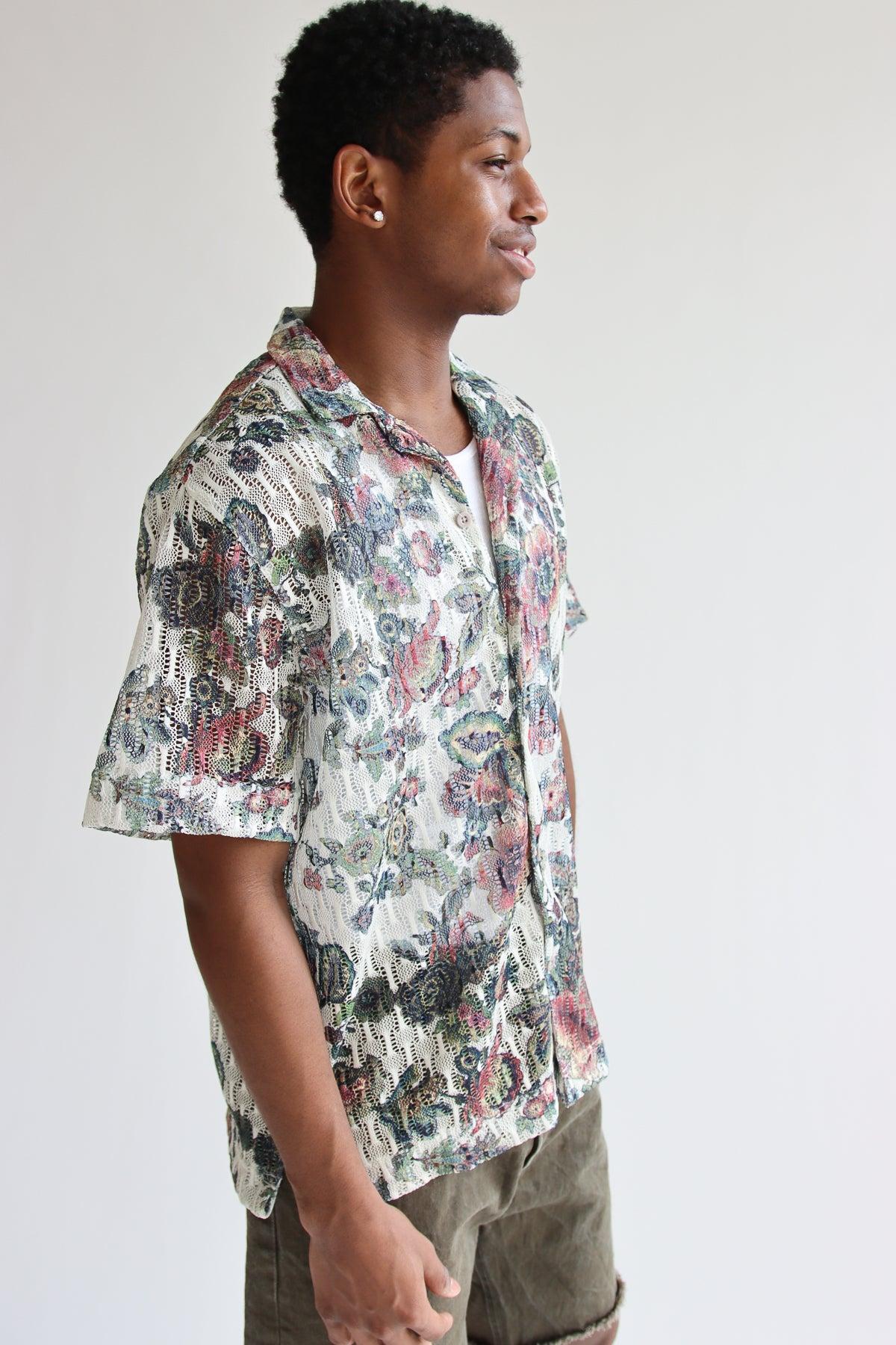 Printed Floral Open Knit Button Up Shirt Product Image