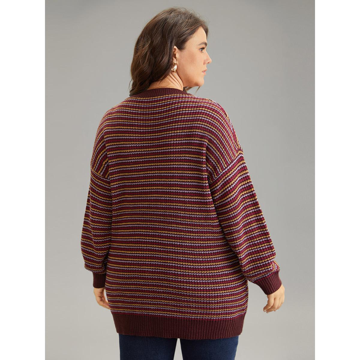 Plus Size Textured Striped Drop Shoulder Pullover Multicolor Women Casual Loose Long Sleeve V-neck Dailywear Pullovers BloomChic 22-24/3X Product Image