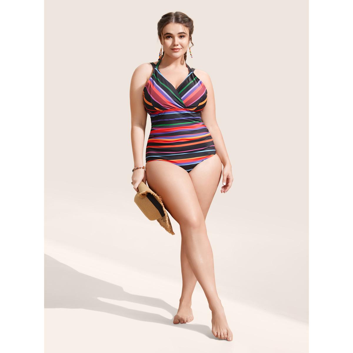 Plus Size Contrast Striped Tie Knot One Piece Swimsuit Women's Swimwear Multicolor Beach Tie knot Curve Bathing Suits High stretch One Pieces BloomChic 28/5X Product Image