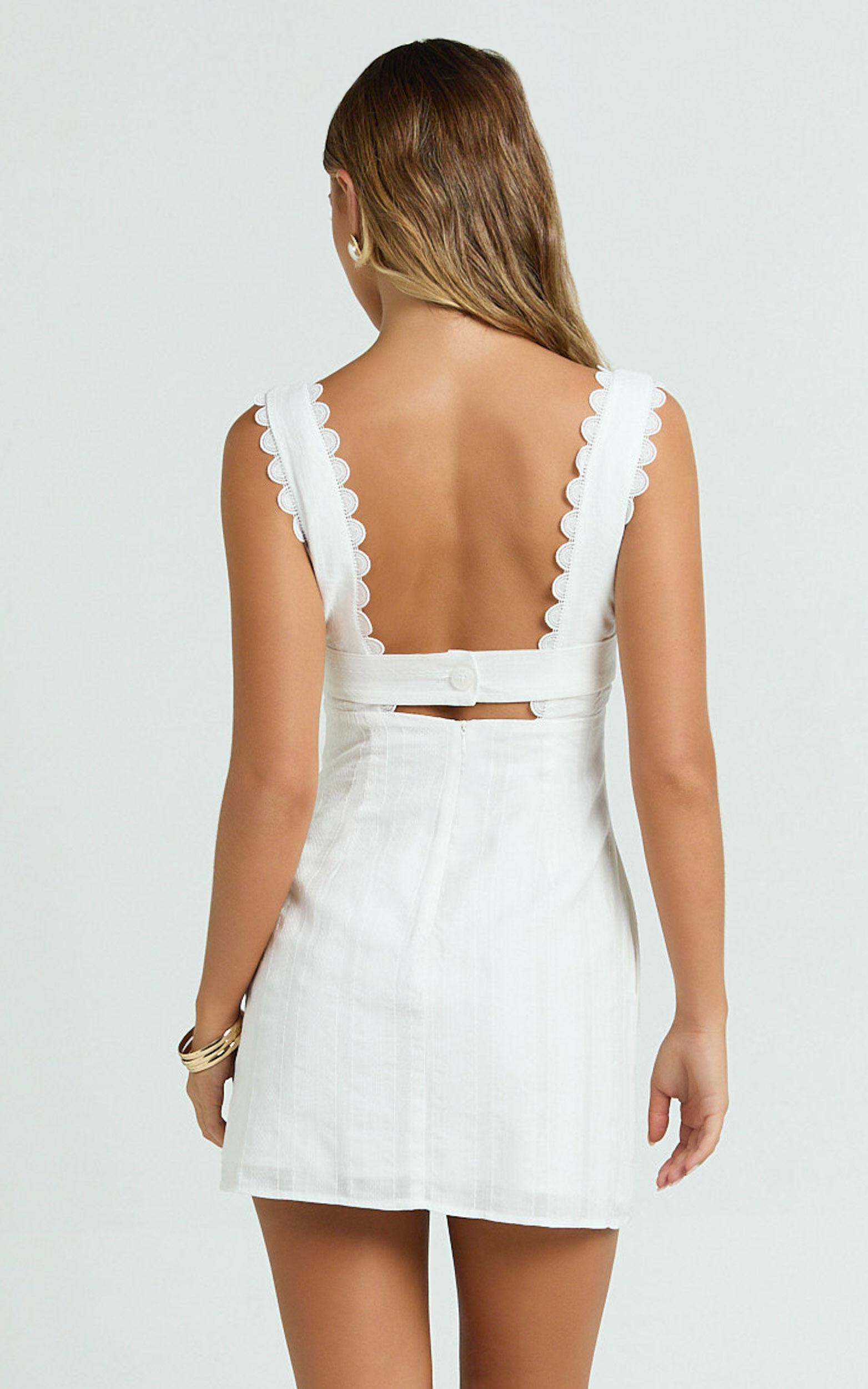 Sylvia Mini Dress - Square Neck Lace Trim A Line Mini Dress in White Product Image