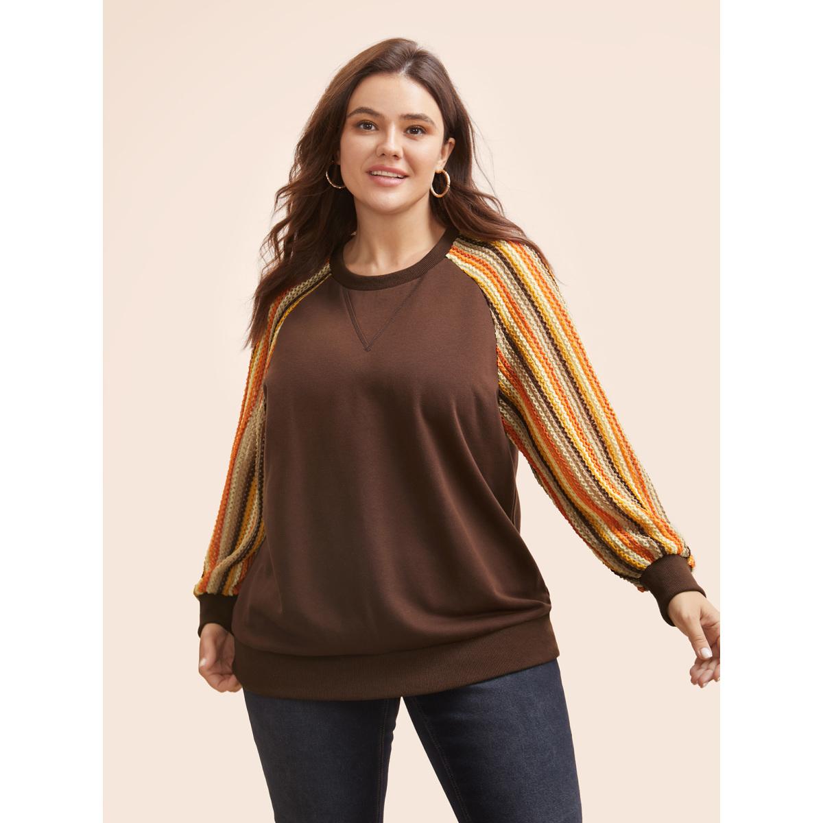 Plus Size Striped Textured Patchwork Raglan Sleeve Sweatshirt Women DarkBrown Casual Texture Round Neck Everyday Sweatshirts BloomChic 14-16/1X Product Image