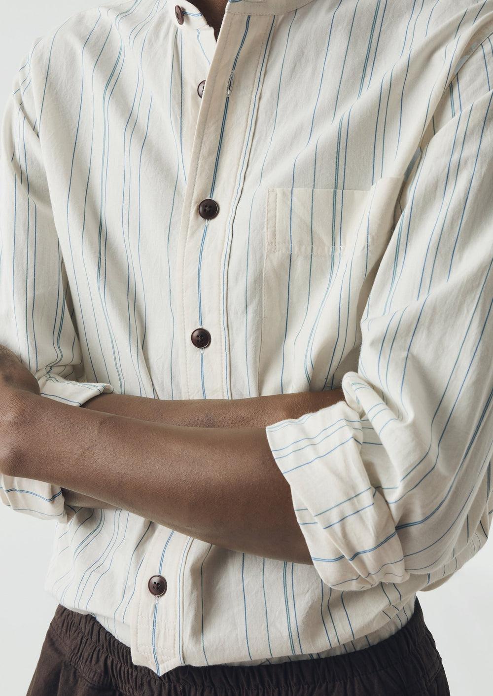 Jasper Irregular Stripe Cotton Shirt | Ecru/Cobalt Product Image