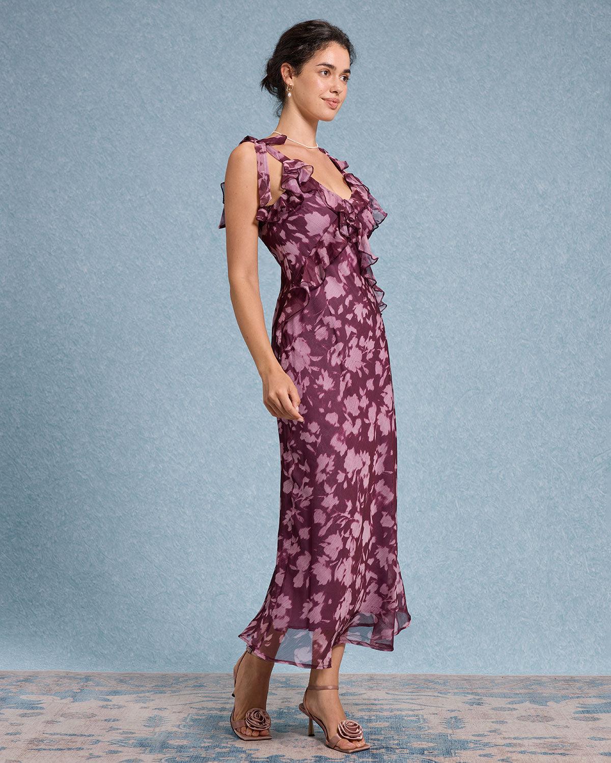 Purple Floral Ruffle Tie Strap Maxi Dress Product Image