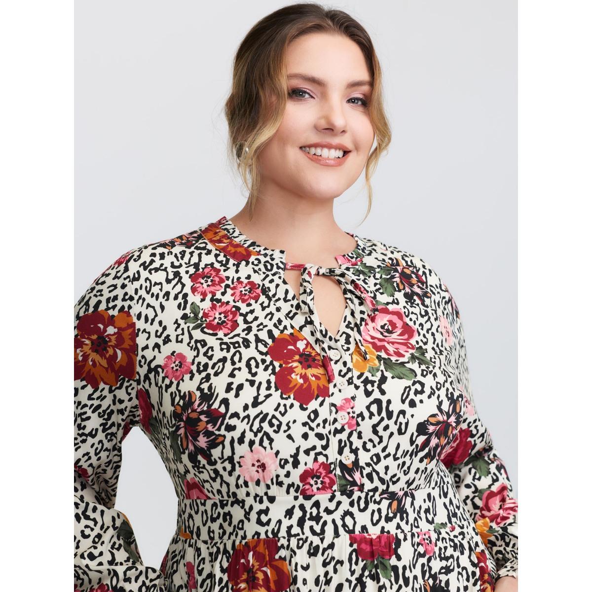 Plus Size Leopard Floral Print Shirred Waist Midi Dress Apricot Women Timeless Tie knot Flat collar with V-notch Long Sleeve Curvy BloomChic 14-16/1X Product Image