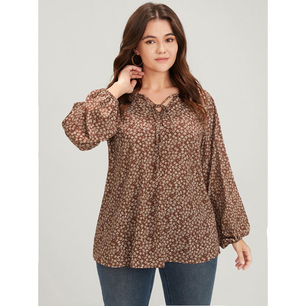Plus Size Tan Ditsy Floral Lantern Sleeve Ties V Neck Blouse Women Elegant Long Sleeve V-neck Dailywear Blouses BloomChic 26/4X Product Image