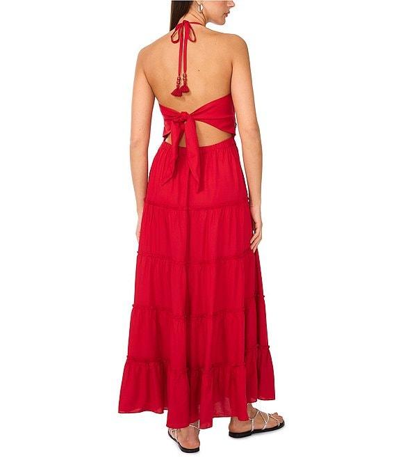 Vince Camuto Halter V Neckline Tie Back Tiered Maxi Dress Product Image
