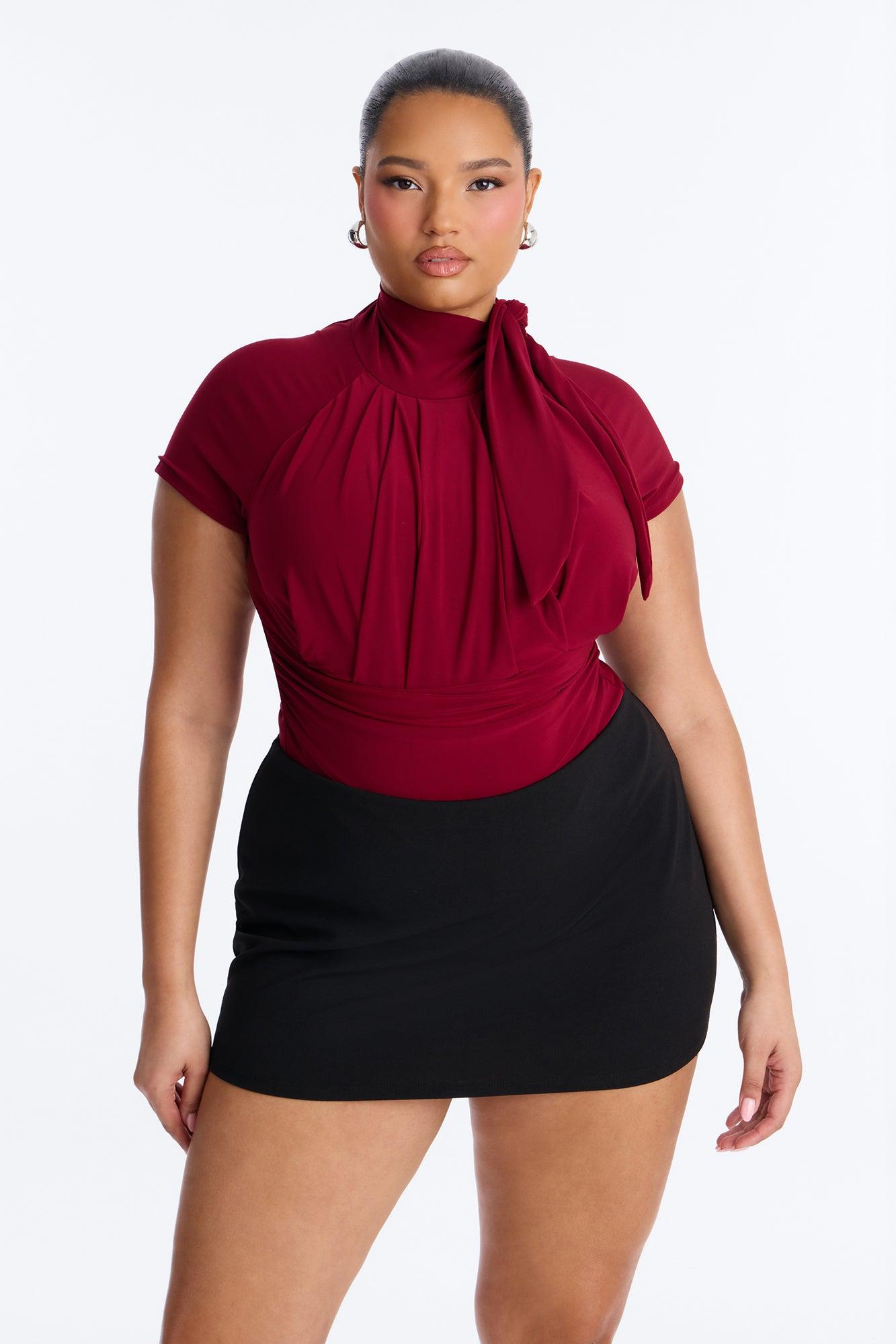 City Dreams Tie Neck Bodysuit - Red Female Product Image