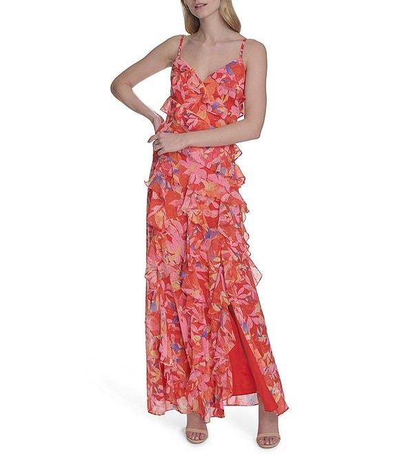 Eliza J Chiffon Floral Print V Neck Sleeveless Ruffle Sheath Maxi Dress Product Image