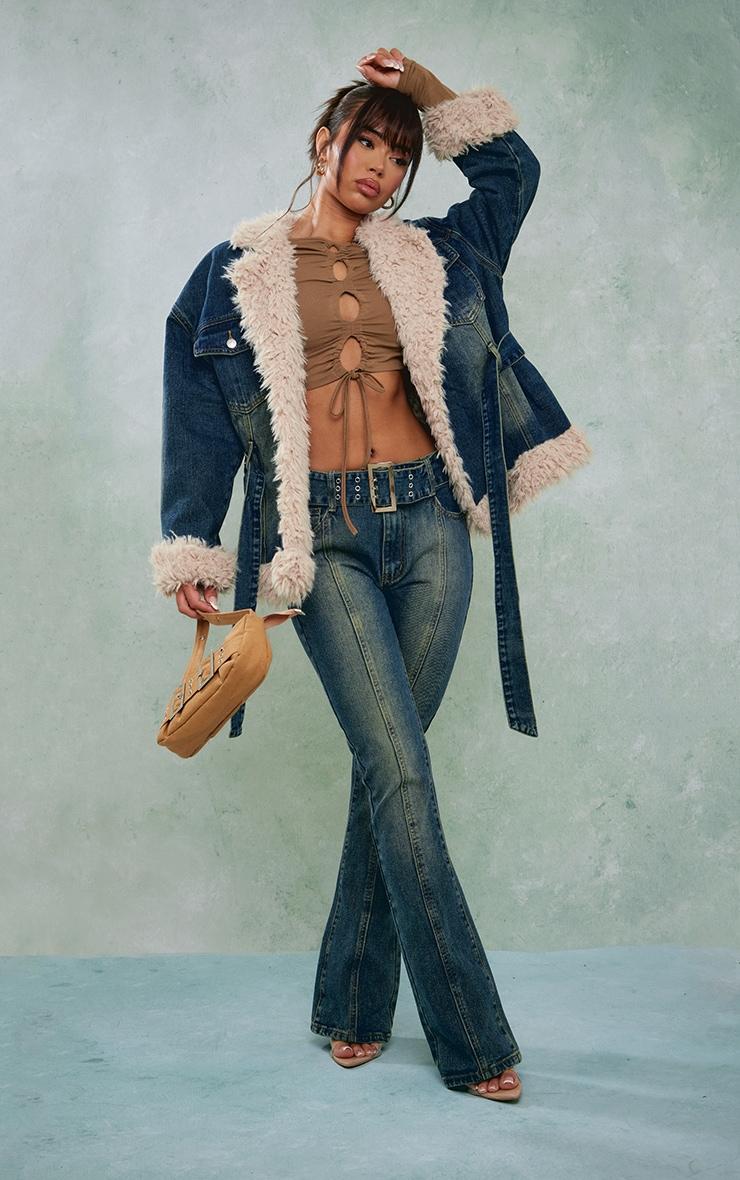 Indigo Vintage Wash Borg Contrast Tie Waist Denim Jacket Product Image