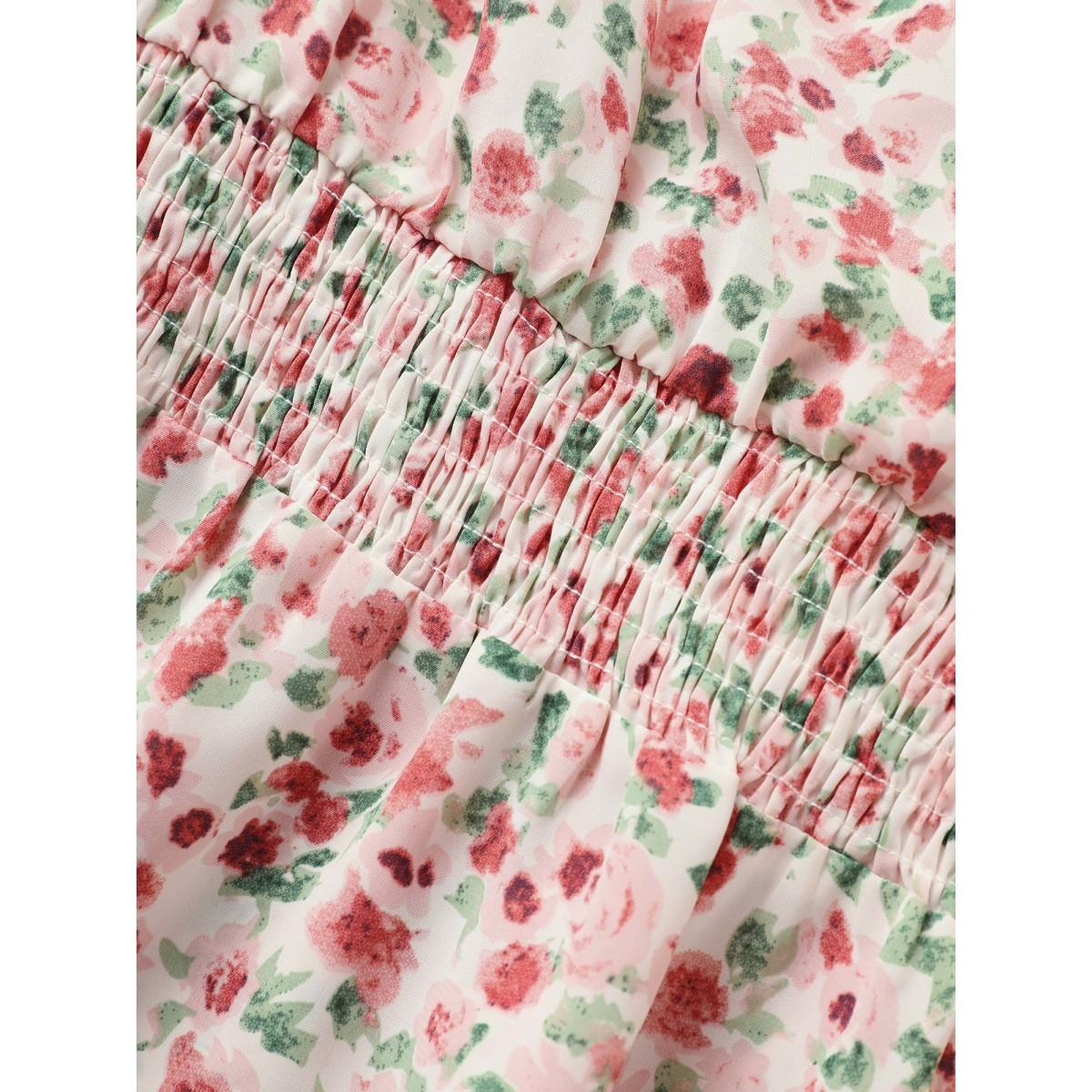 Plus Size Watermelon Ditsy Floral Overlap Collar Ruffles Shirred Blouse Women Elegant Half Sleeve Overlap Collar Everyday Blouses BloomChic 14-16/1X Product Image