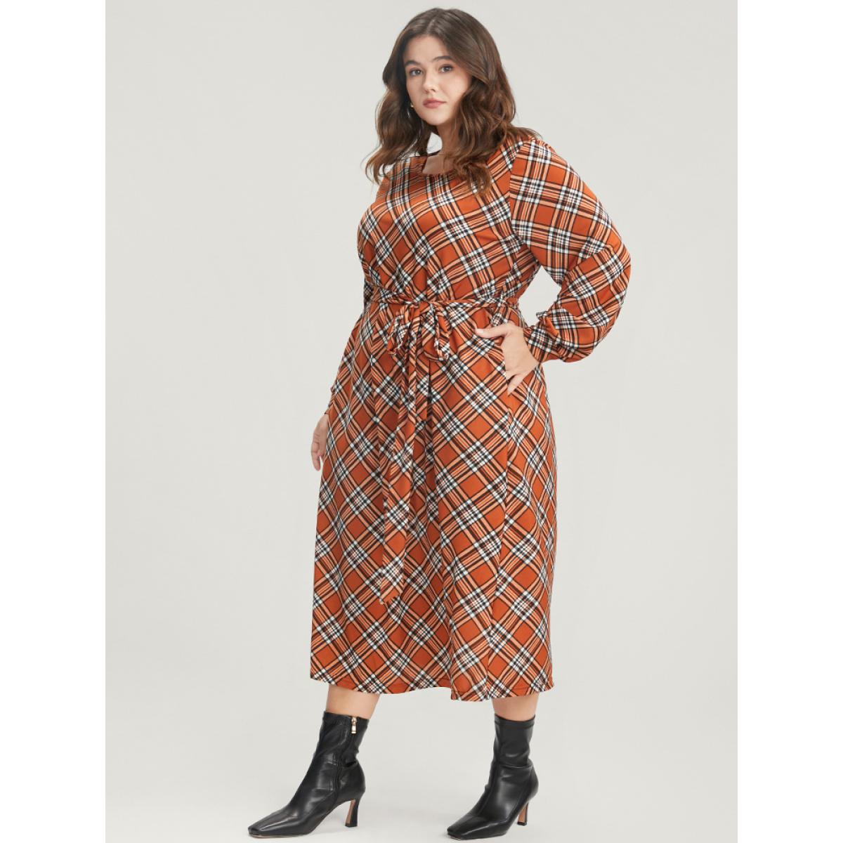 Plus Size Tartan Round Neck Pocket Belted Midi Dress Chocolate Women Elegant Belted Round Neck Long Sleeve Curvy Midi Dress BloomChic 28/5X Product Image