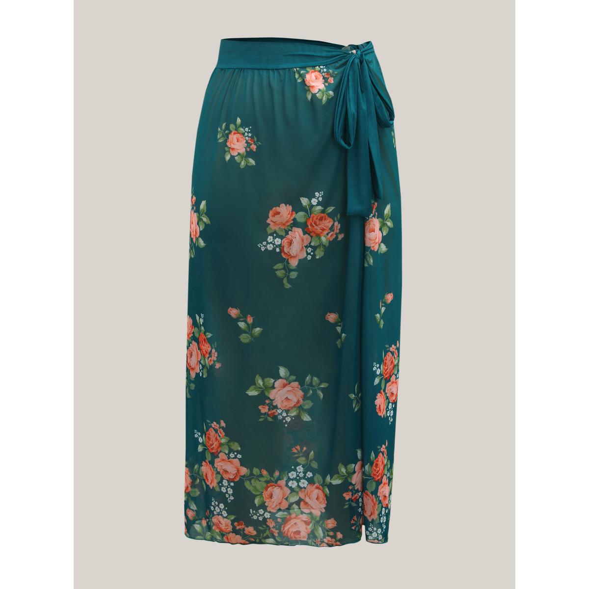 Plus Size Two-Piece Floral Ruffled Knotted One-Piece, Sarong Women's Swimwear Teal Resort Tie knot Curve Bathing Suits High stretch One Pieces BloomChic 14-16/1X Product Image