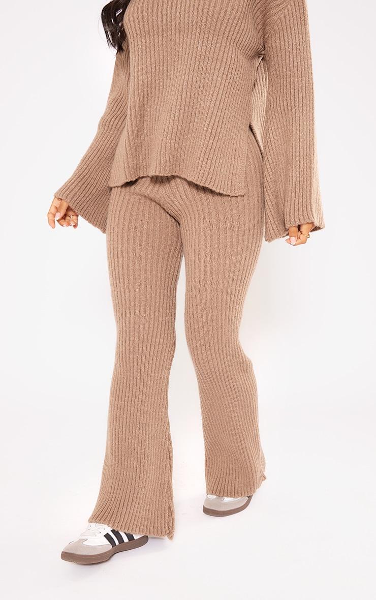 Petite Mocha Rib Knit Wide Leg Pant Product Image