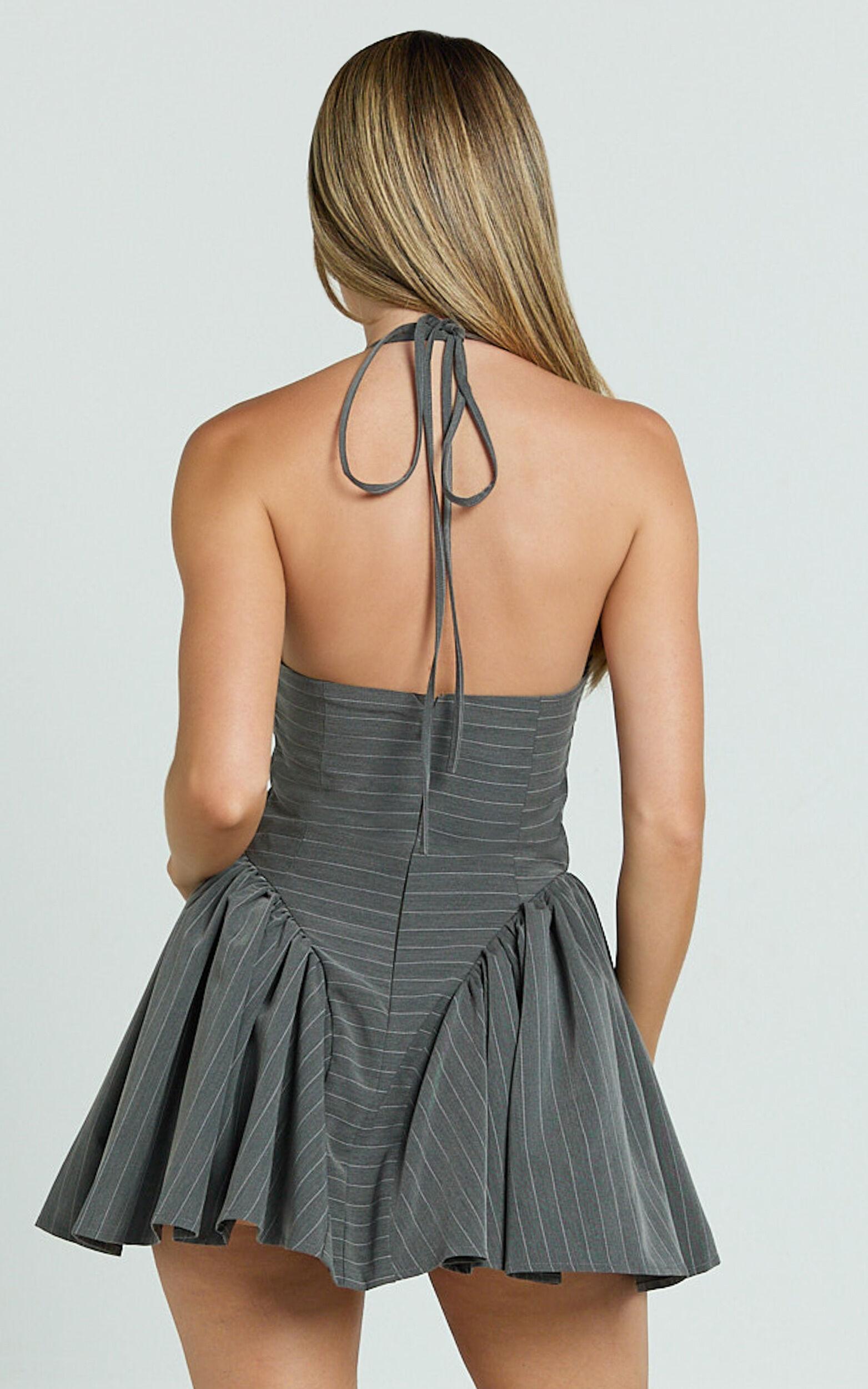 Wilda Mini Dress - Halter Tie Sweetheart Neck Fit And Flare Dress in Dark Grey Product Image