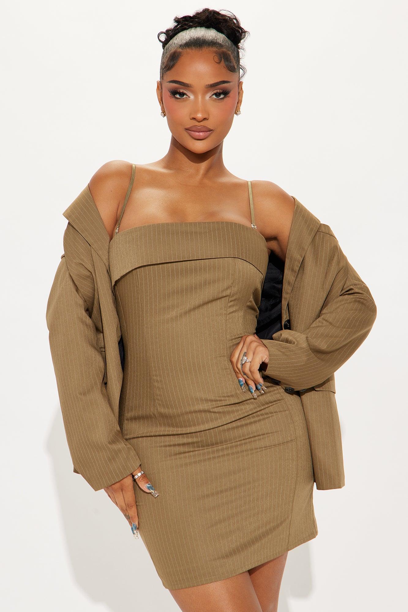 First Class Pinstripe Blazer and Mini Dress Set - Taupe Product Image