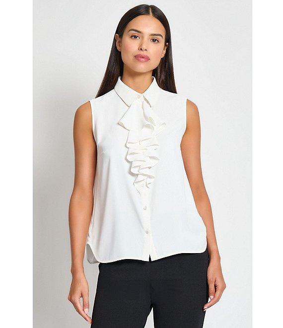 Ming Wang x Tanya Foster Crepe De Chine Point Collar Waterfall Neck Sleeveless Blouse Product Image