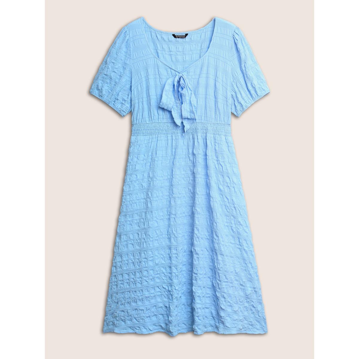 Plus Size Citrus Plain Texture Shirred Tie Knot Lantern Sleeve Dress LightBlue Women Elegant Tie knot Heart neckline Short sleeve Curvy Midi Dress BloomChic 14-16/1X Product Image