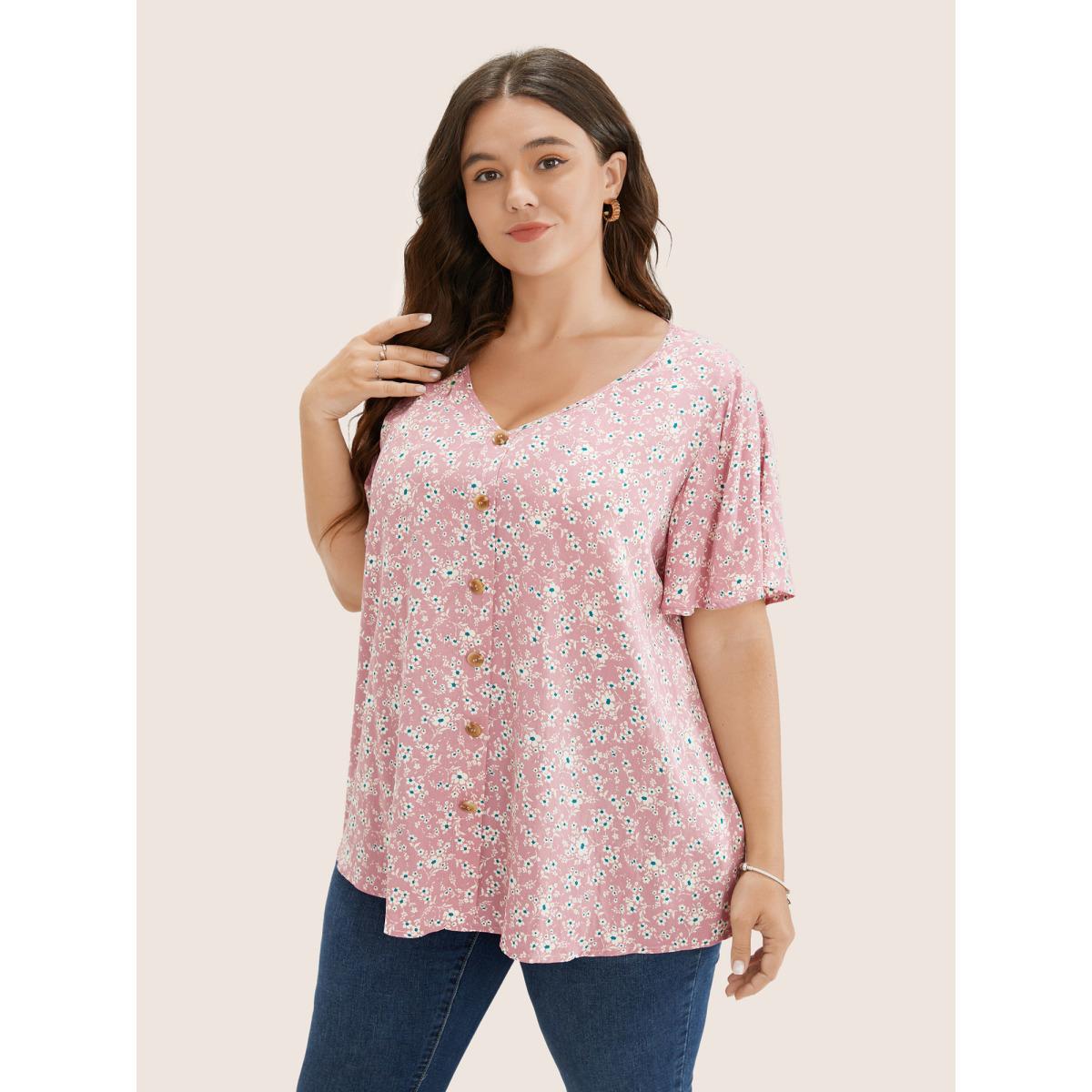 Plus Size Pink Ditsy Floral Contrast Ruffle Sleeve Button Detail Blouse Women Elegant Short sleeve Non Everyday Blouses BloomChic 12/L Product Image
