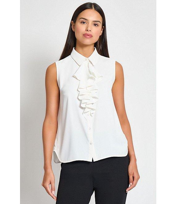 Ming Wang x Tanya Foster Crepe De Chine Point Collar Waterfall Neck Sleeveless Blouse Product Image