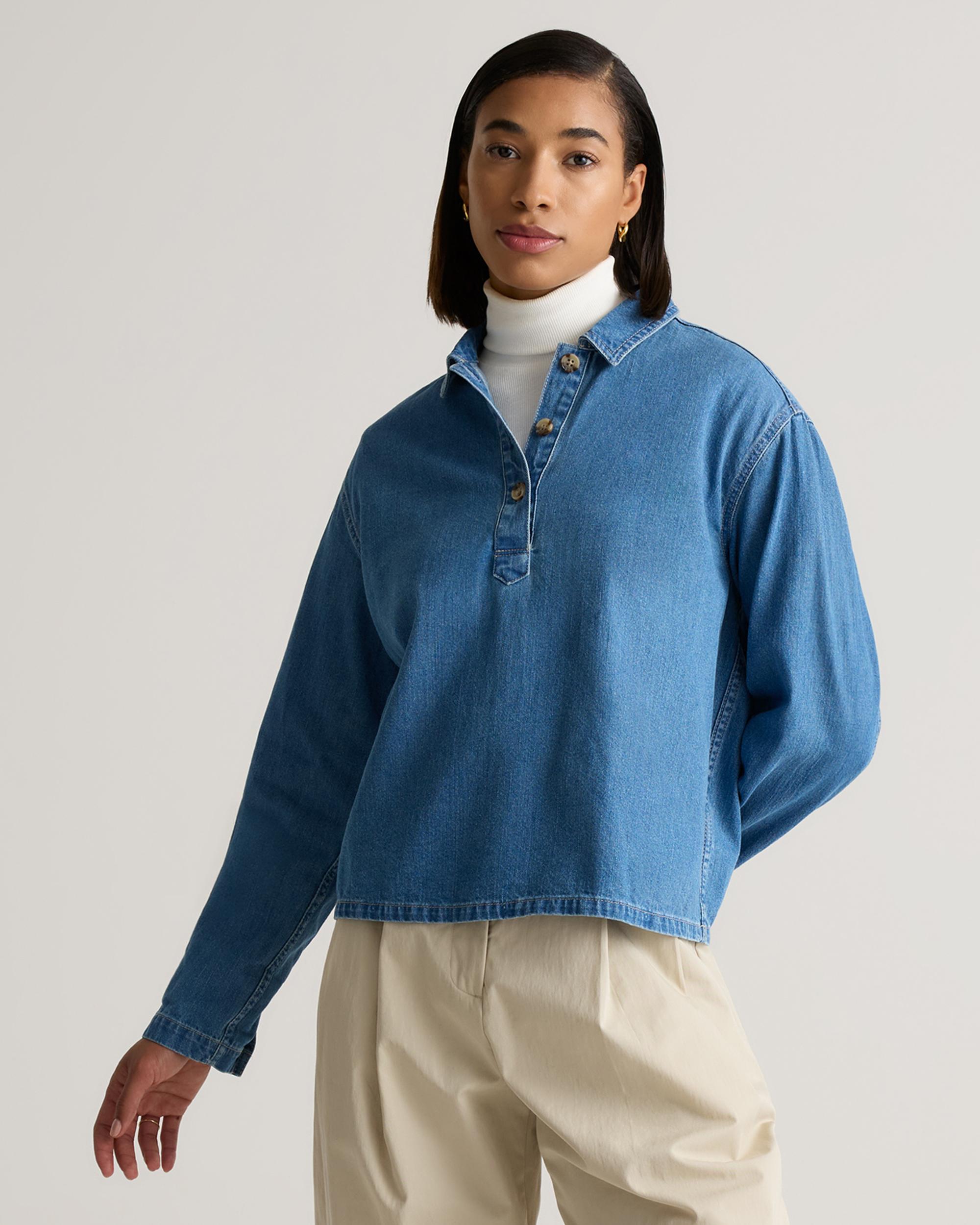Quince | Women's Distressed Denim Popover Shirt Organic Cotton Product Image