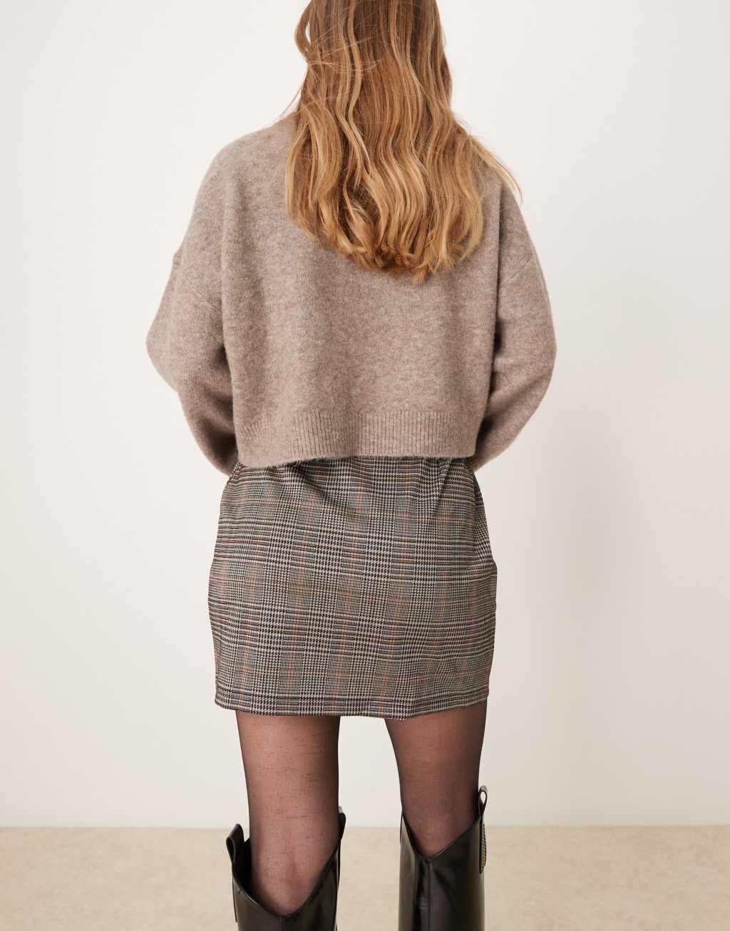 JDY check mini skirt in light brown Product Image