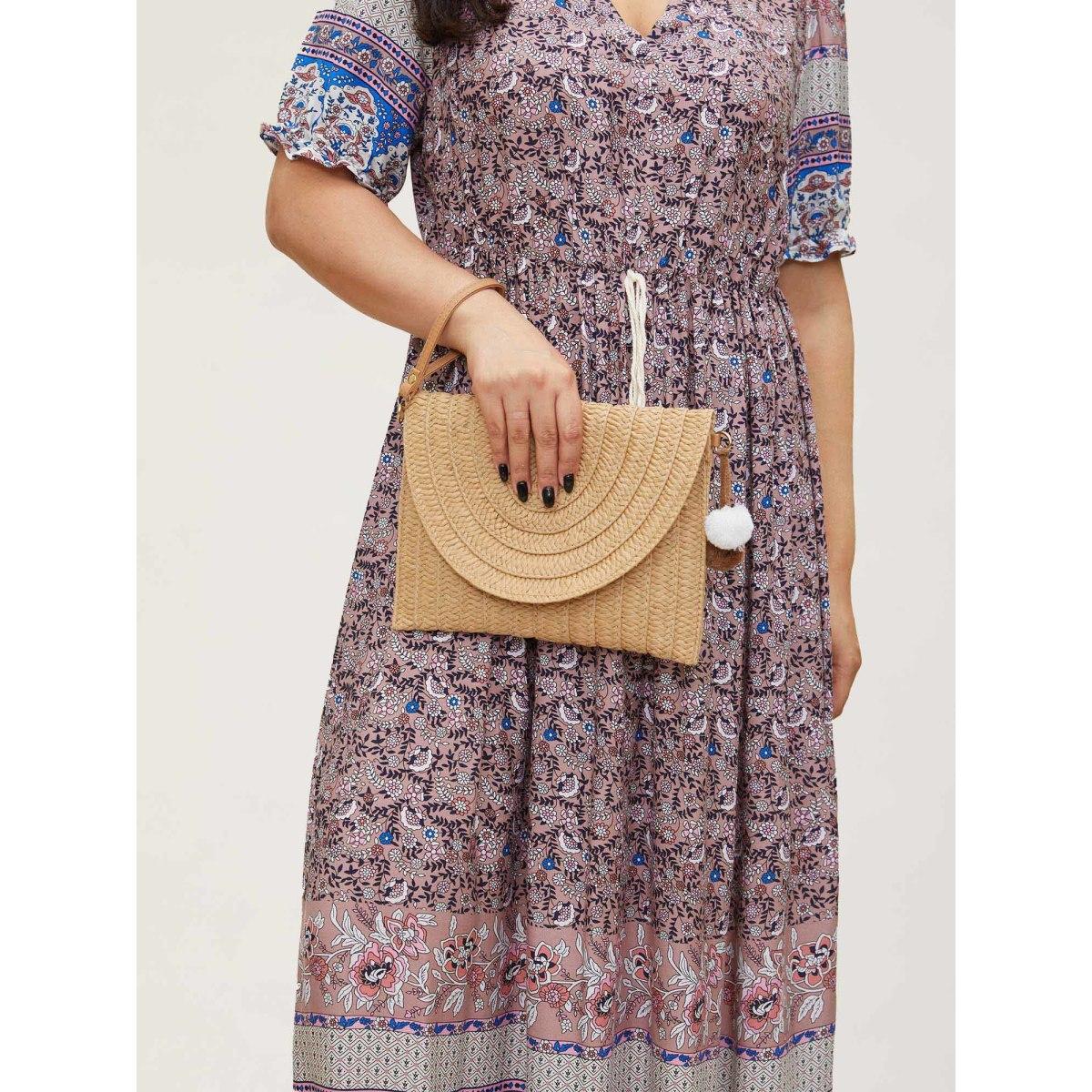 Plus Size Boho Print Notched Ties Tassel Trim Dress DustyPink Women Boho Non Flat collar with V-notch Short sleeve Curvy BloomChic 28/5X Product Image