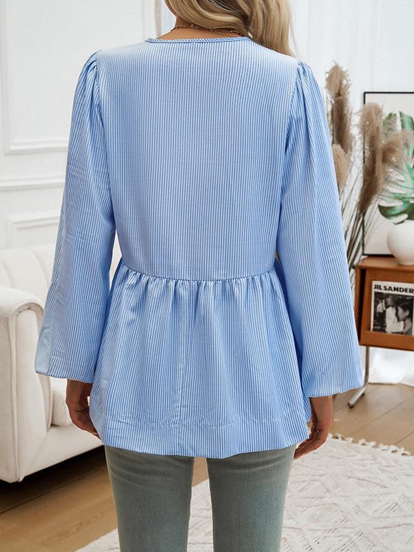 Long Sleeves Loose Elasticity Pleated Striped Tied Round-Neck Blouses&Shirts Tops Product Image