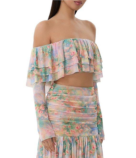 AFRM Alma Printed Mesh Knit One Shoulder Neck Long Sleeve Ruffle Coordinating Top Product Image