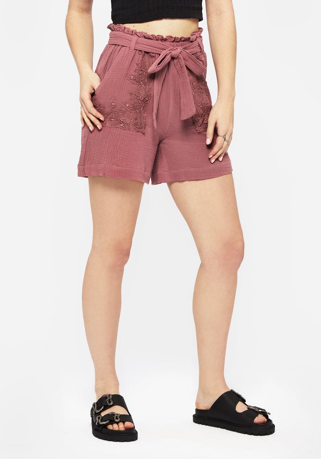 Rosamoth Applique Trim Cotton Tie Waist Shorts Product Image