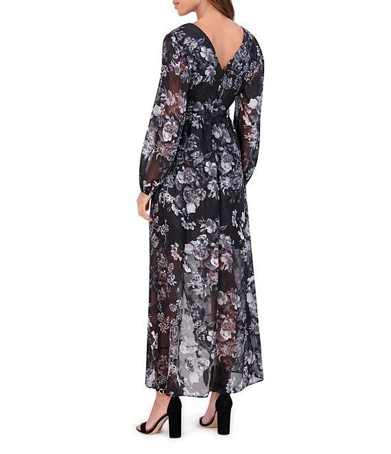 SIENA V-Neck Long Sleeves Floral Print Chiffon Faux Wrap Midi Dress Product Image