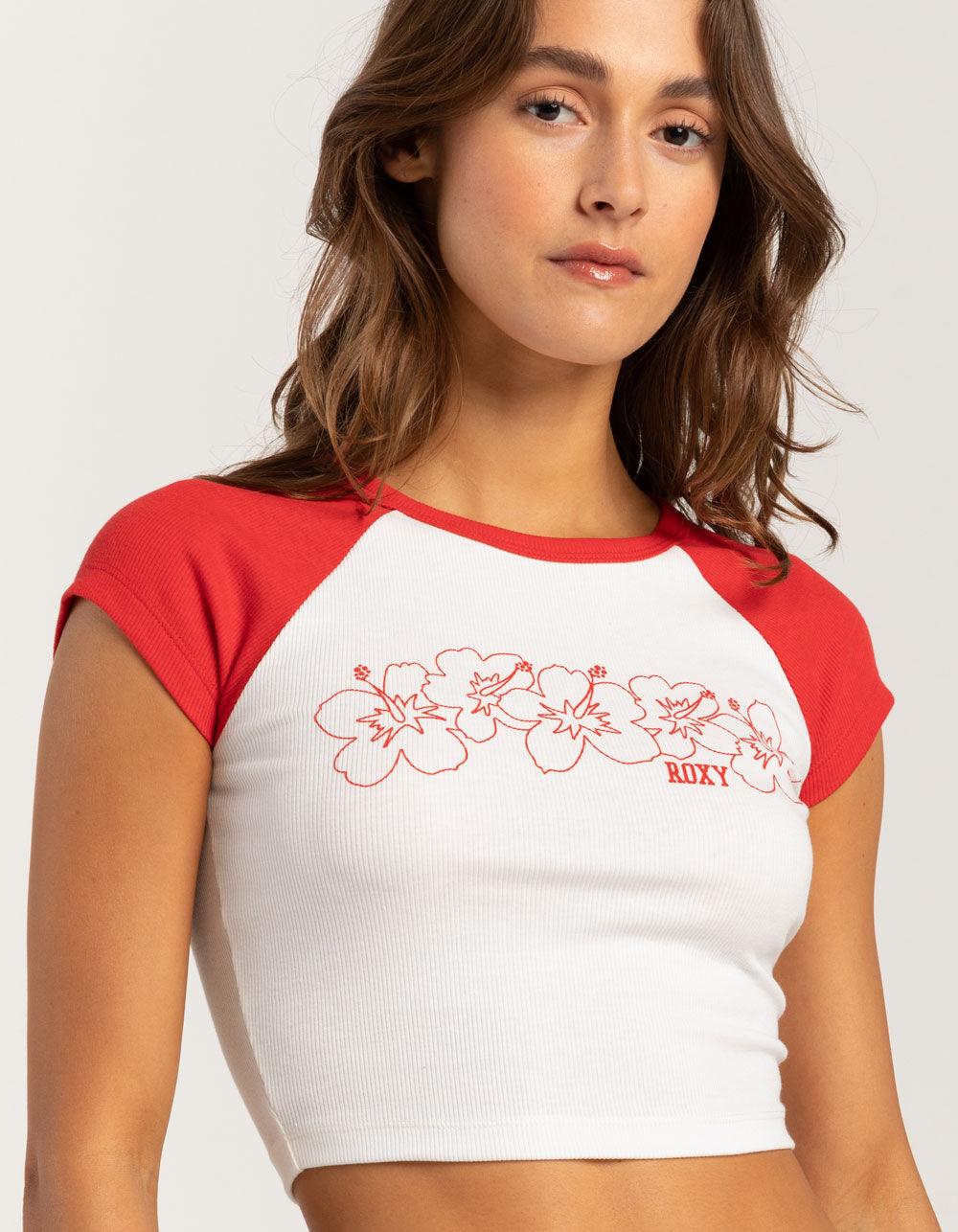 ROXY Team Aloha Salsa Womens Crop Raglan Baby Tee - WHT/RED Product Image