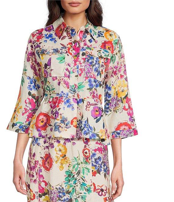 JOHNNY WAS Mixed Floral Printed Linen Point Collar 3/4 Sleeve Peplum Hem Jacket Product Image
