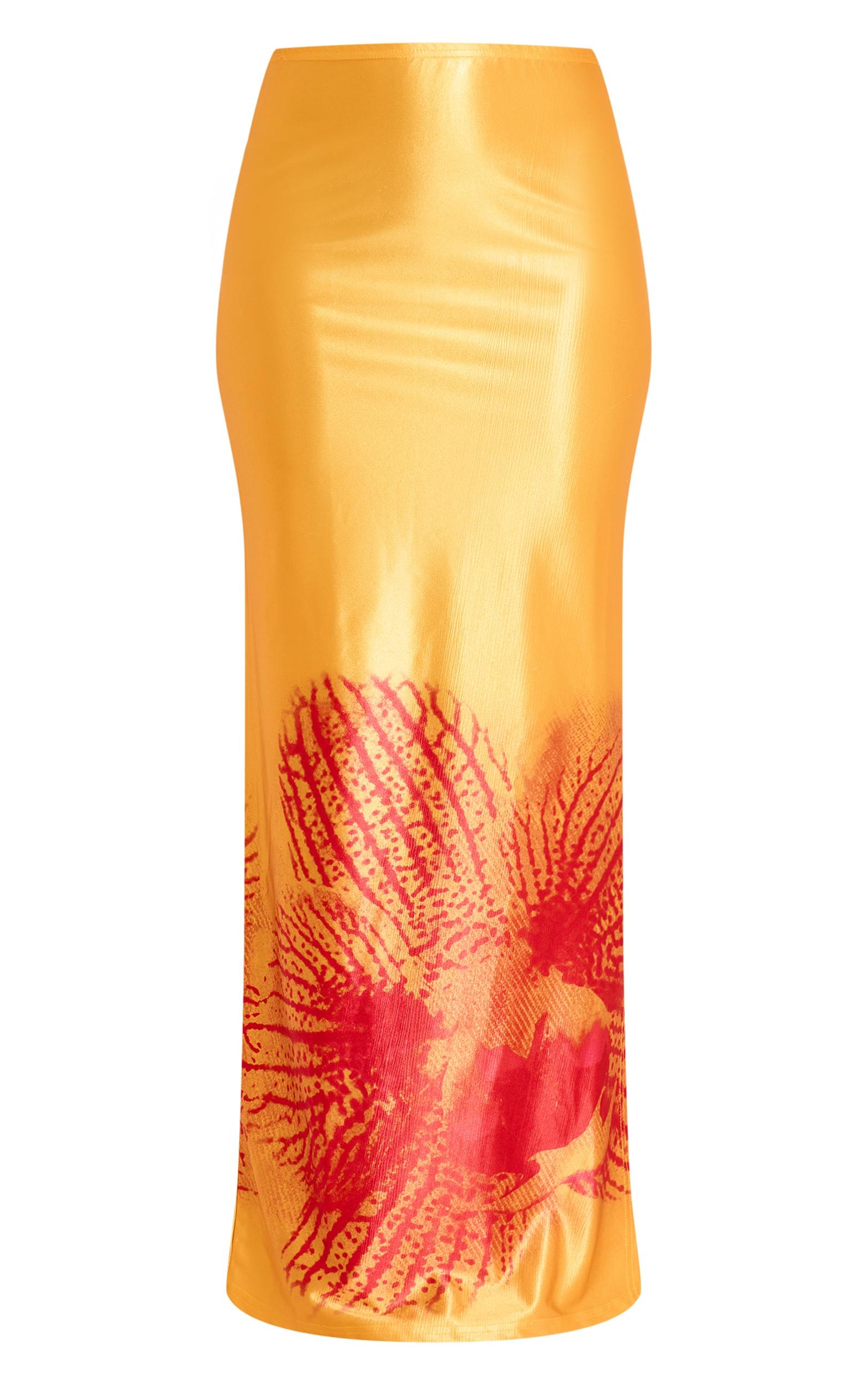 Orange Print Stretch Satin Maxi Skirt Product Image