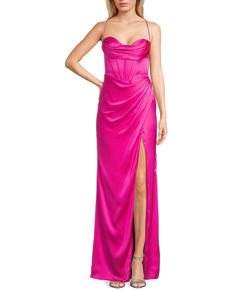 GB Social Corset Cowl Neck Lace-Up Back Slit Hem Satin Long Dress Product Image