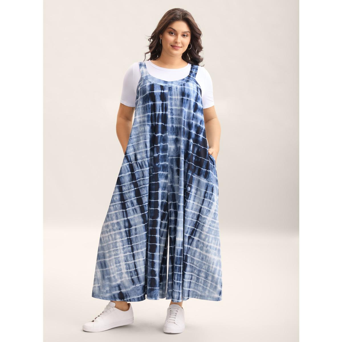 Plus Size DarkBlue Supersoft Tie-Dye Backless Jumpsuit Women Leisure Sleeveless Round Neck Casual Loose Jumpsuits BloomChic 28/5X Product Image