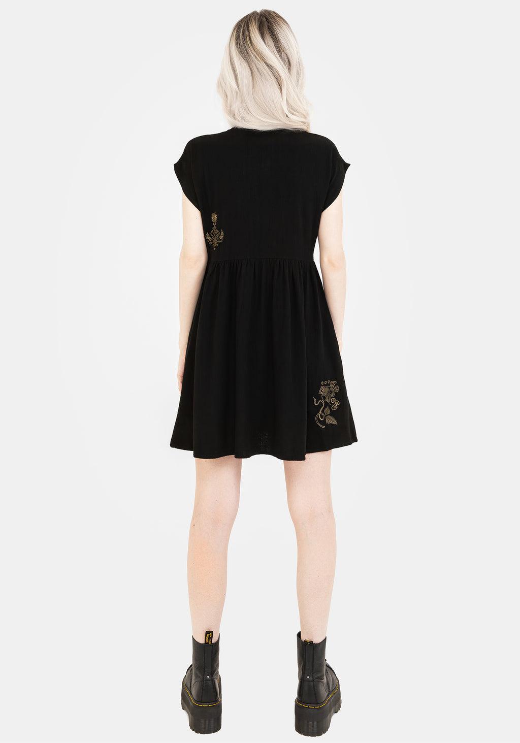 Foliate Linen-Blend Embroidered Button Up Mini Dress - Black Product Image