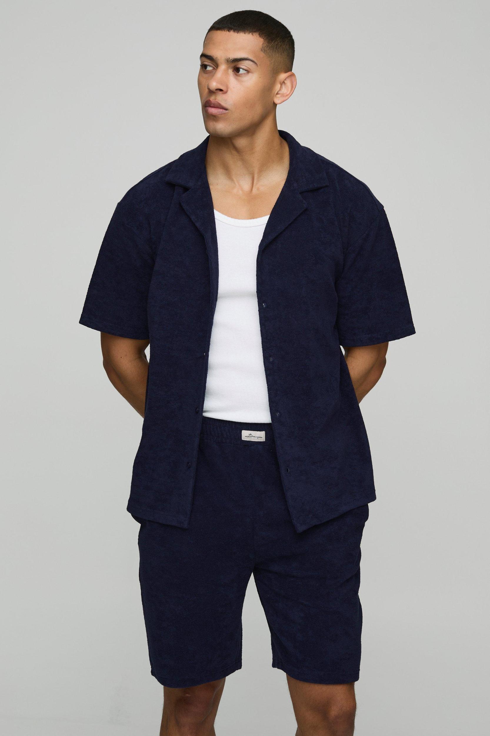 Oversized Revere Towelling Shirt & Loose Short Set | boohooMAN USA Product Image