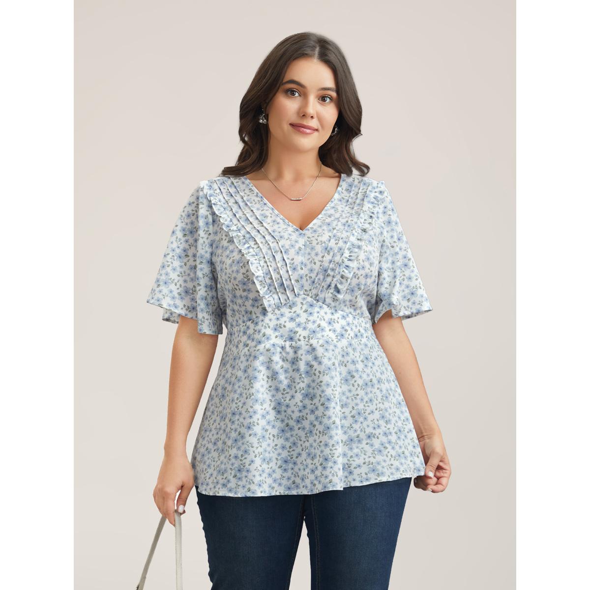 Plus Size LightBlue Floral Ruffled Pintucks Flared Sleeve Shirt Women Elegant Short sleeve V-neck Everyday Blouses BloomChic 18-20/2X Product Image