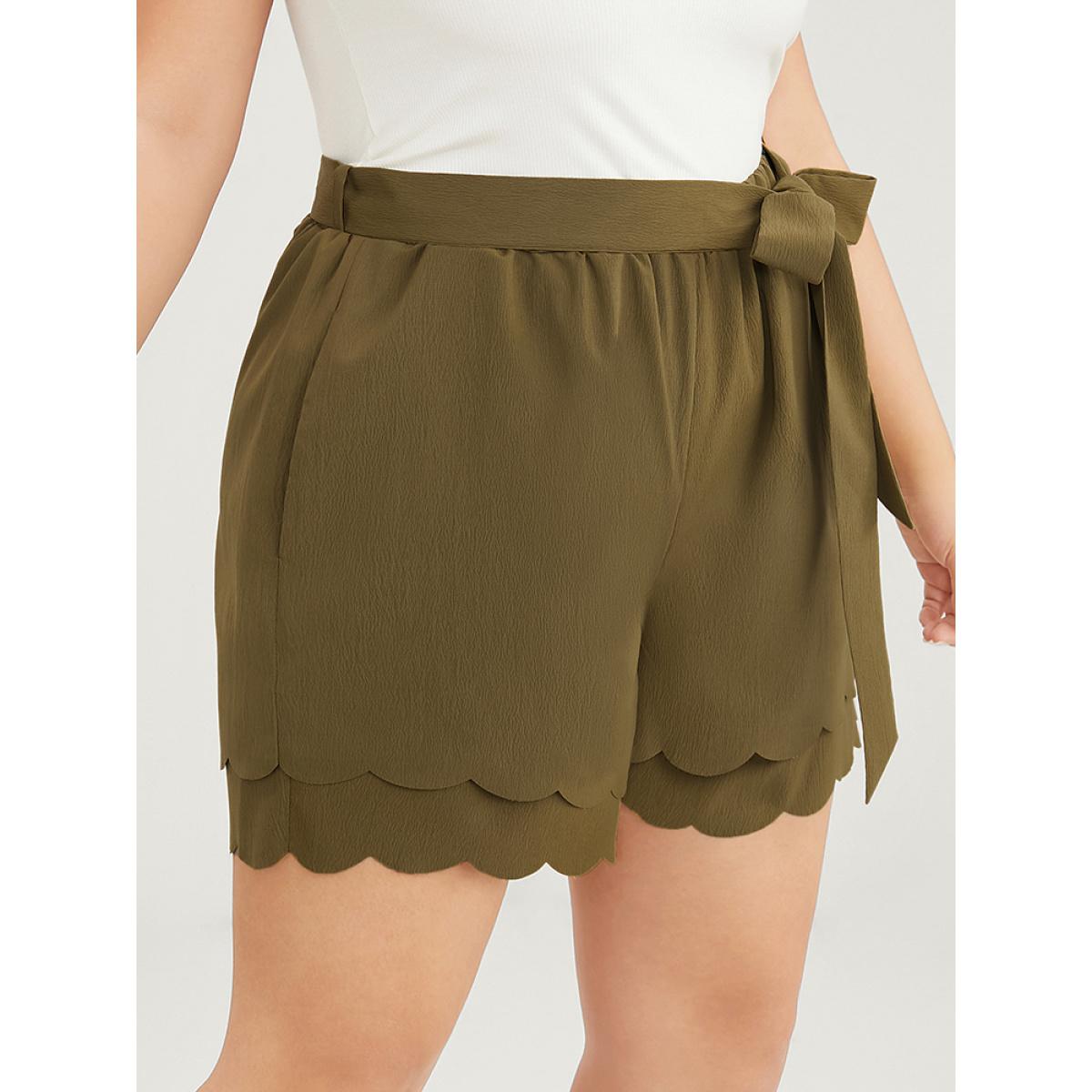 Plus Size Solid Belted Pocket Scalloped Trim Tiered Shorts Women ArmyGreen Casual Dailywear Shorts BloomChic 22-24/3X Product Image