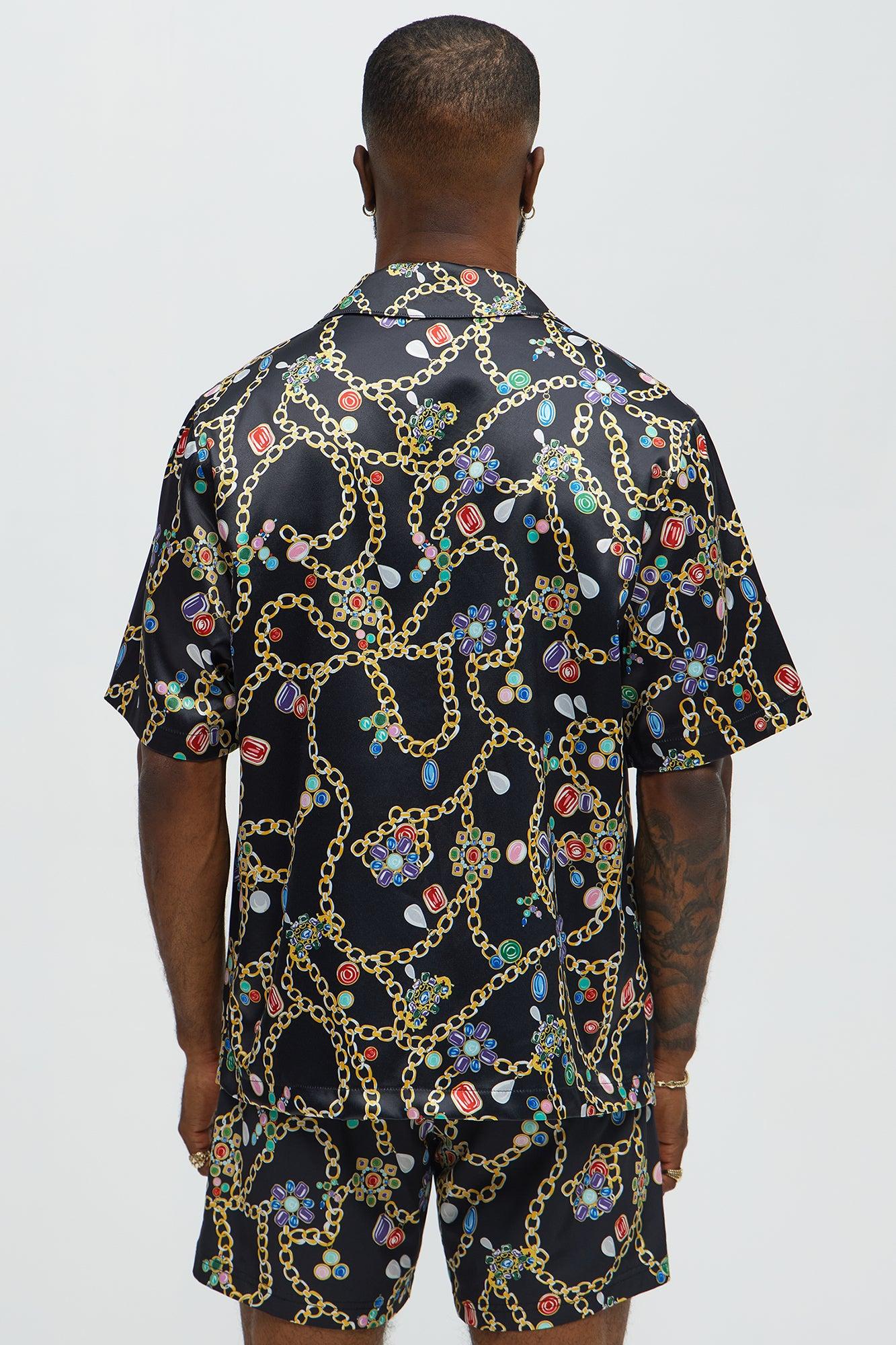 Tidal Jewel Printed Cuban Collar Button Up Shirt - Black/combo Product Image