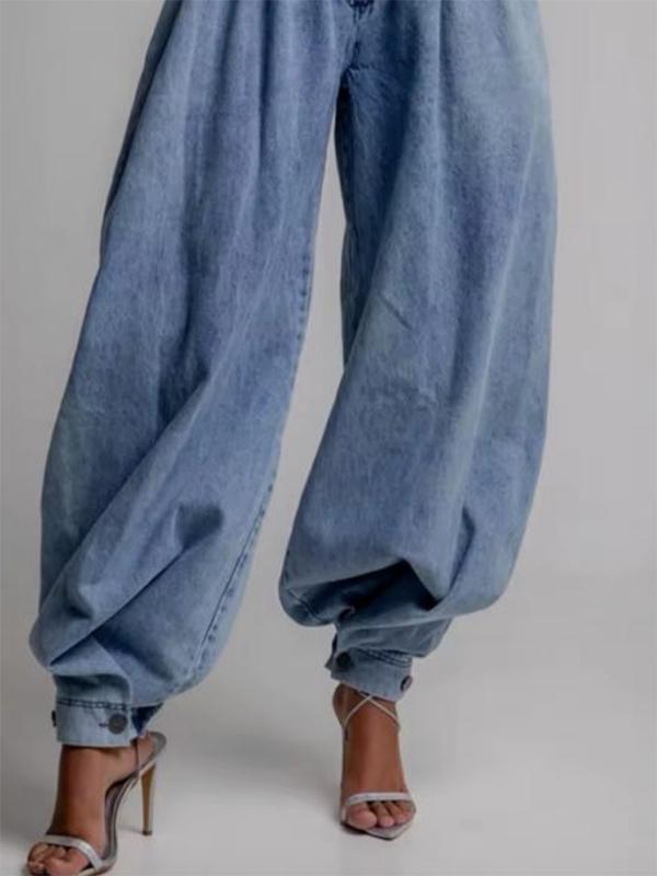 Loose Buttoned Solid Color Zipper Jean Pants Bottoms Knickerbockers Trousers Product Image
