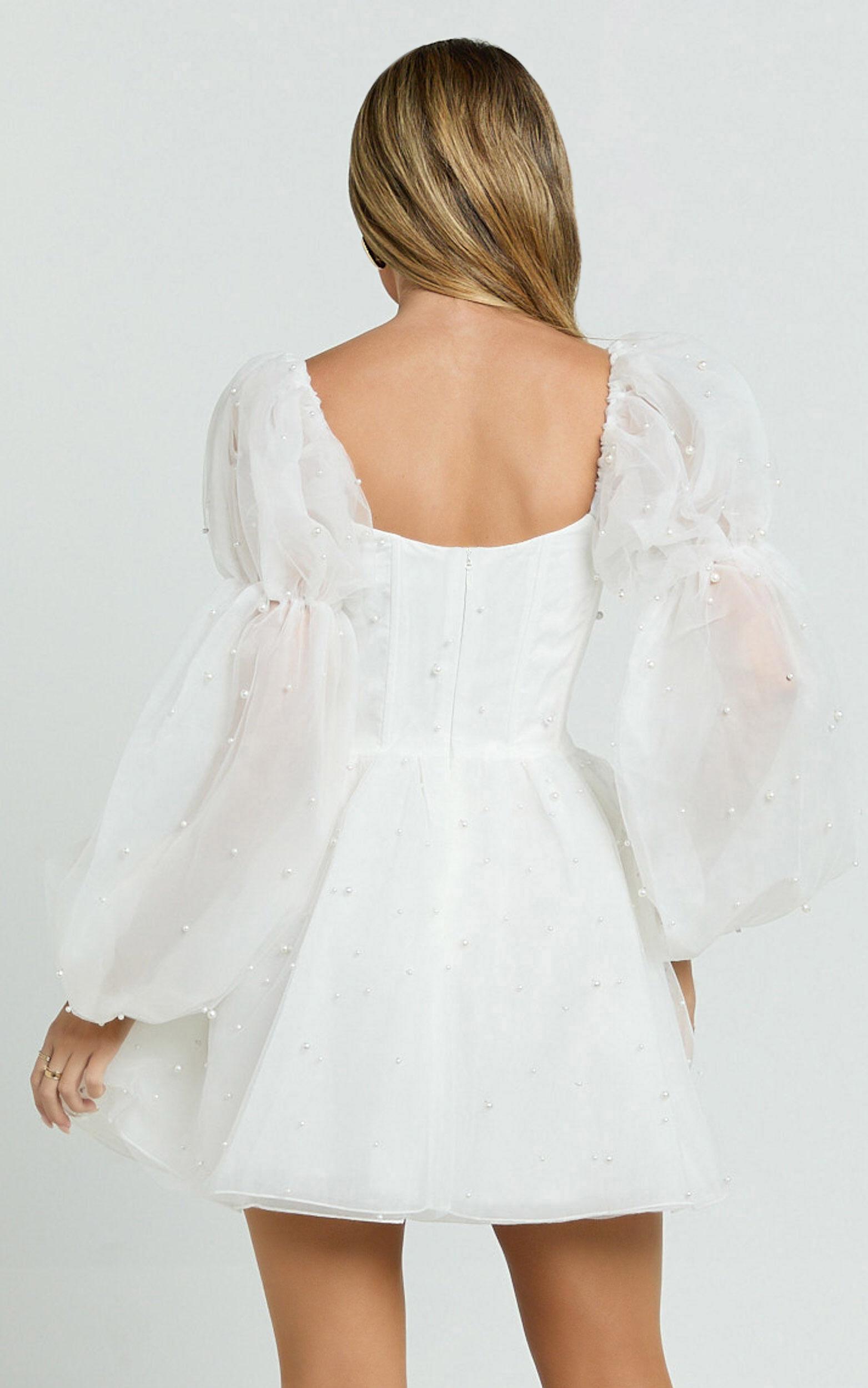 Ingrid Mini Dress - Long Puff Sleeve Pearl Detail Dress in White Product Image
