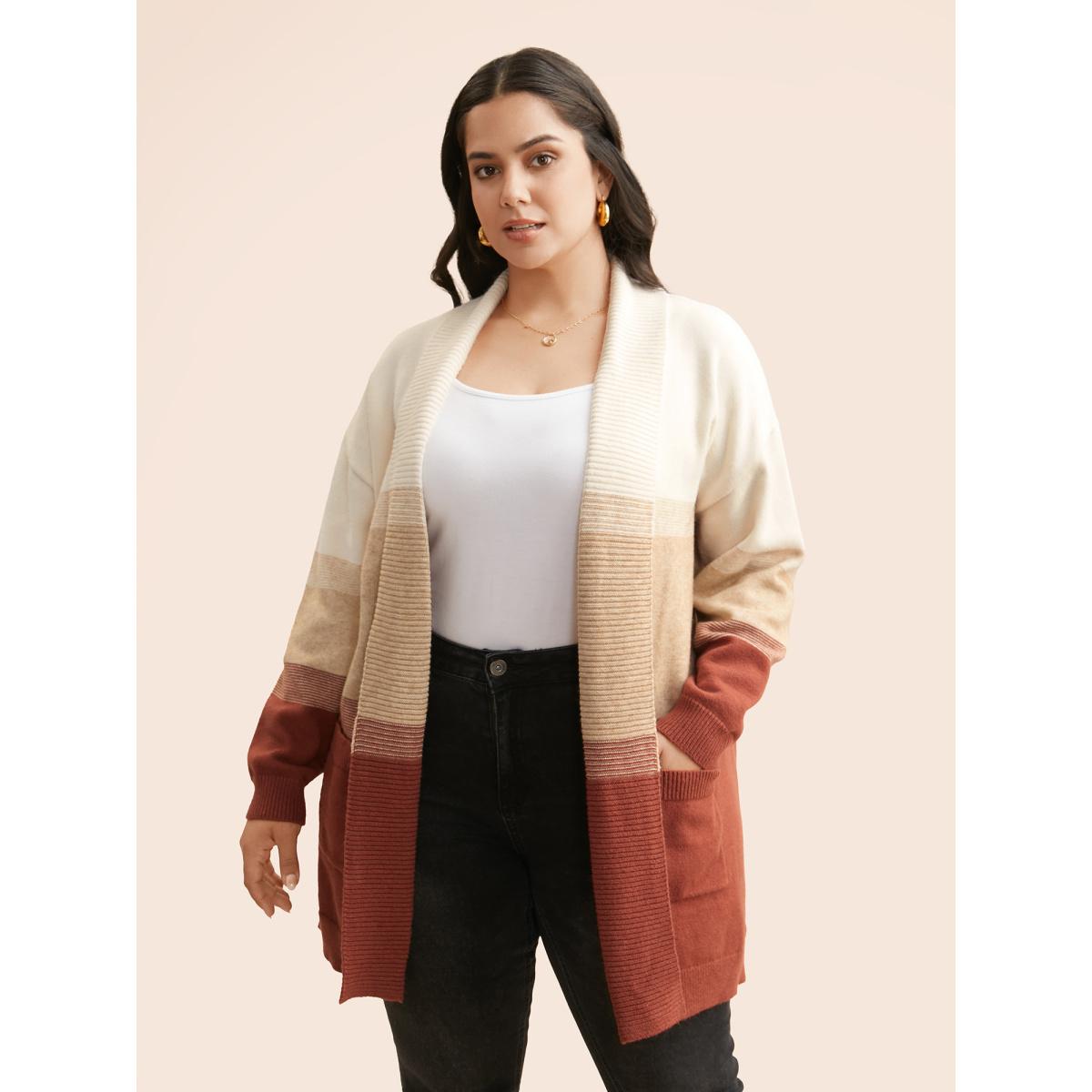 Plus Size Ombre Contrast Drop Shoulder Cardigan Scarlet Women Casual Loose Long Sleeve Everyday Cardigans BloomChic 12/L Product Image