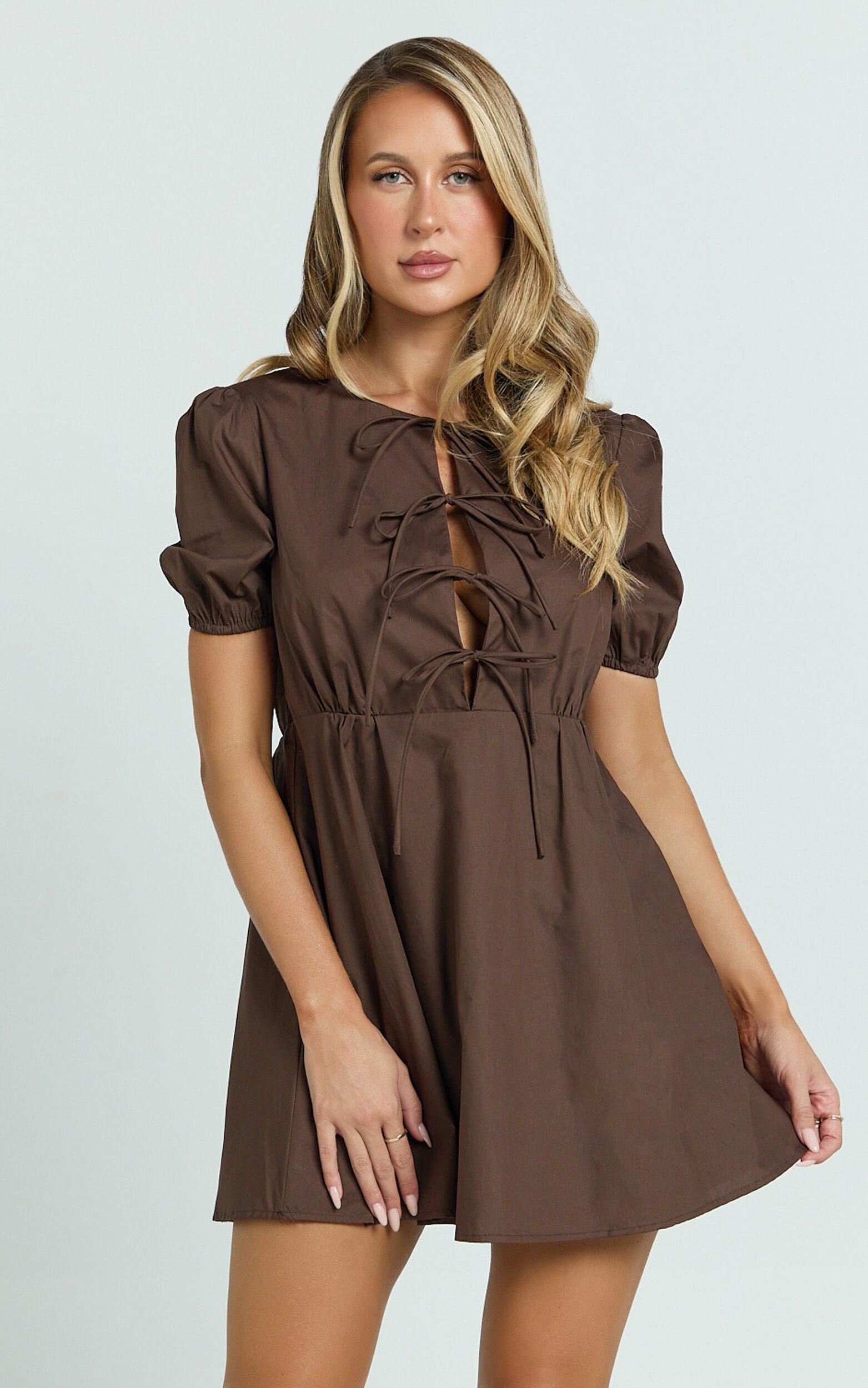 Hattie Mini Dress - Tie Front Puff Sleeve Dress in Chocolate Product Image
