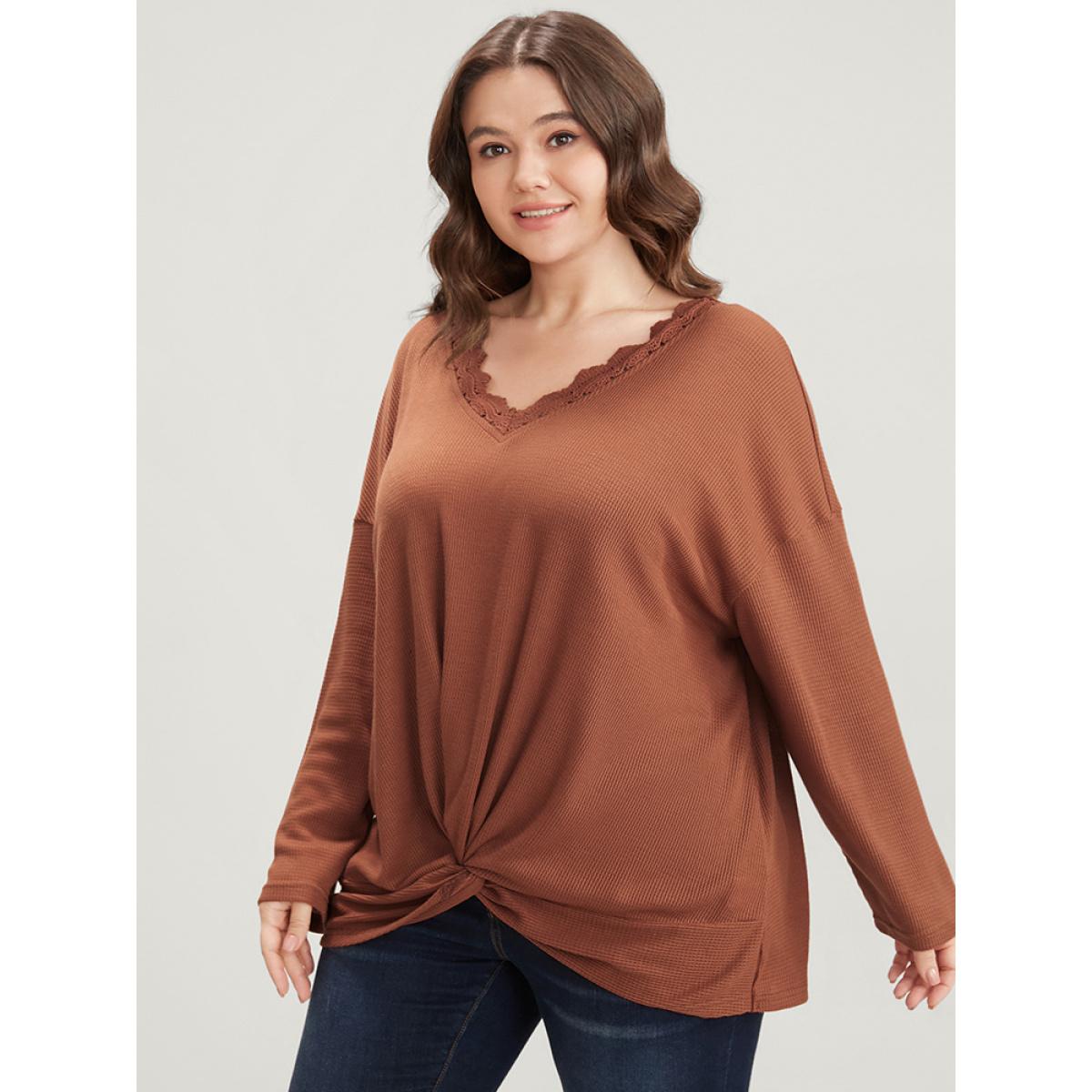 Plus Size Solid V Neck Lace Trim Twist Front Sweatshirt Women Rust Elegant Twist-front V-neck Dailywear Sweatshirts BloomChic 10/M Product Image