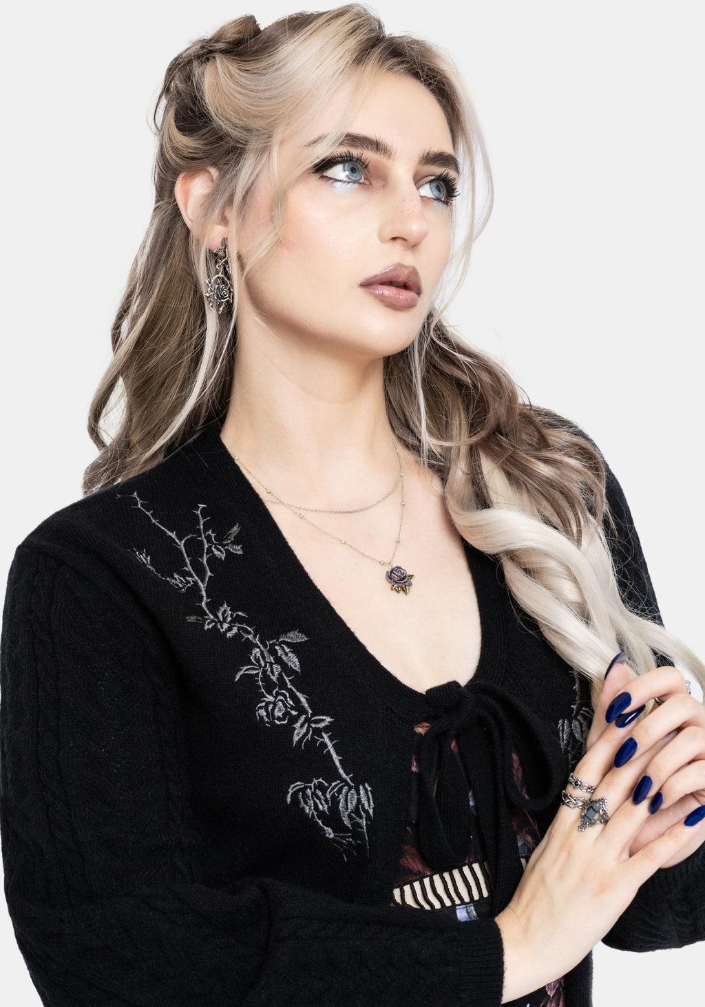 Rime Embroidered Cable Knit Sleeve Longline Cardigan Product Image