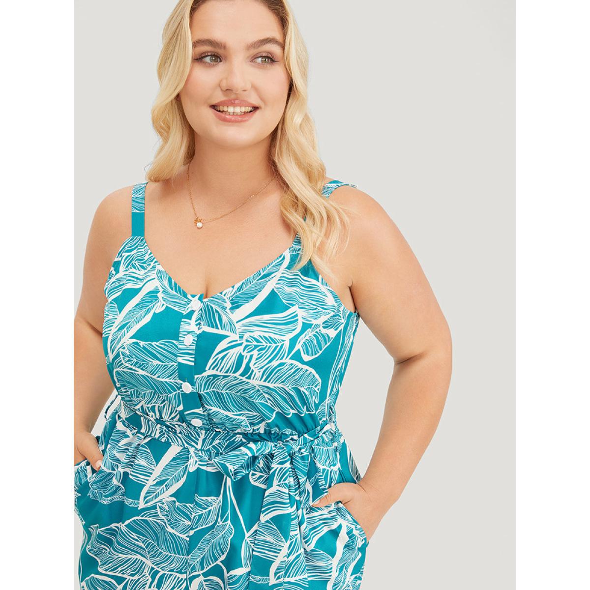 Plus Size Emerald Plant Print Button Through Pocket Belt Cami Jumpsuit Women Vacation Sleeveless Spaghetti Strap Dailywear Loose Jumpsuits BloomChic 12/L Product Image