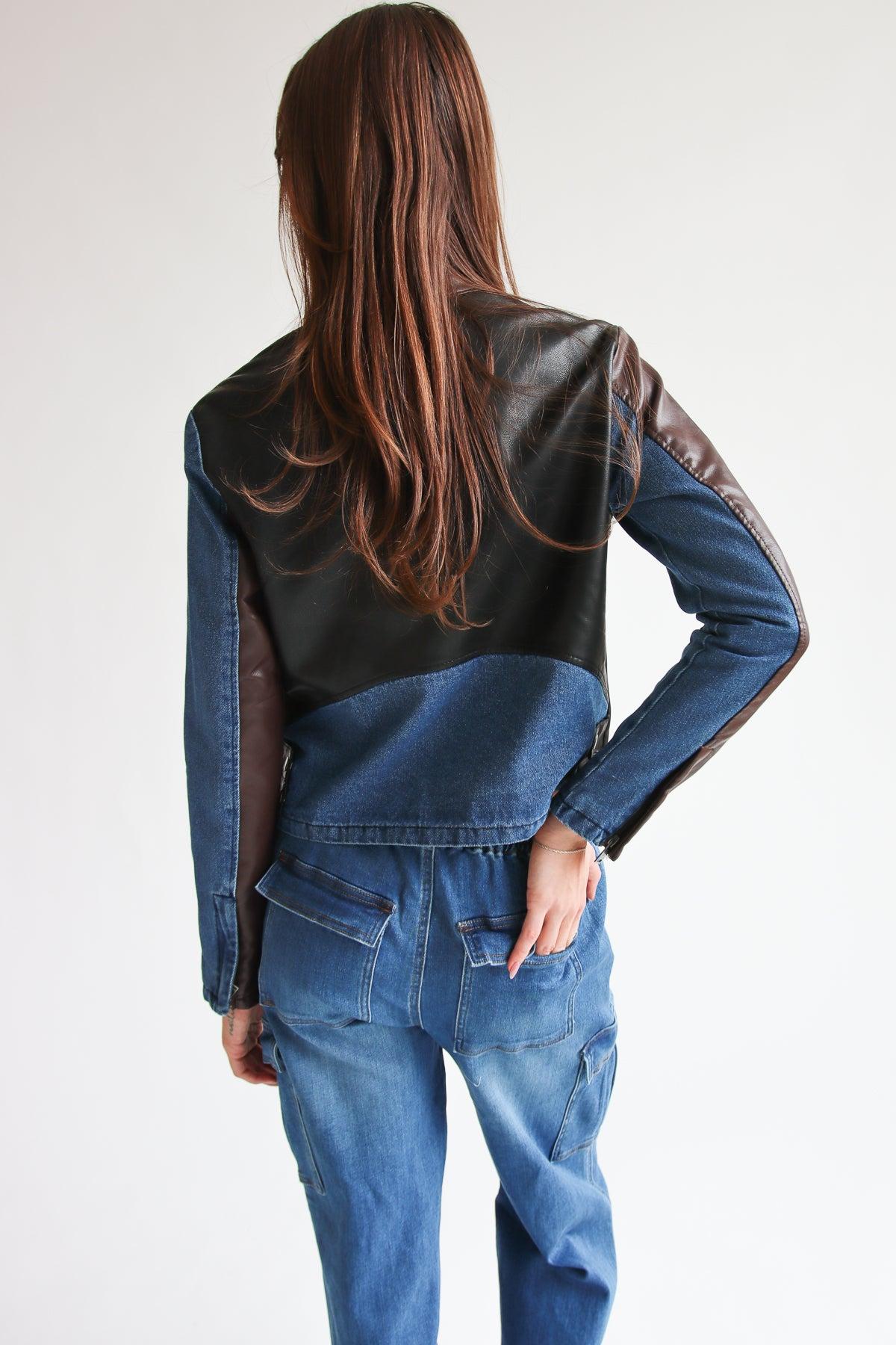 Pleather & Denim Color Block Moto Jacket Product Image