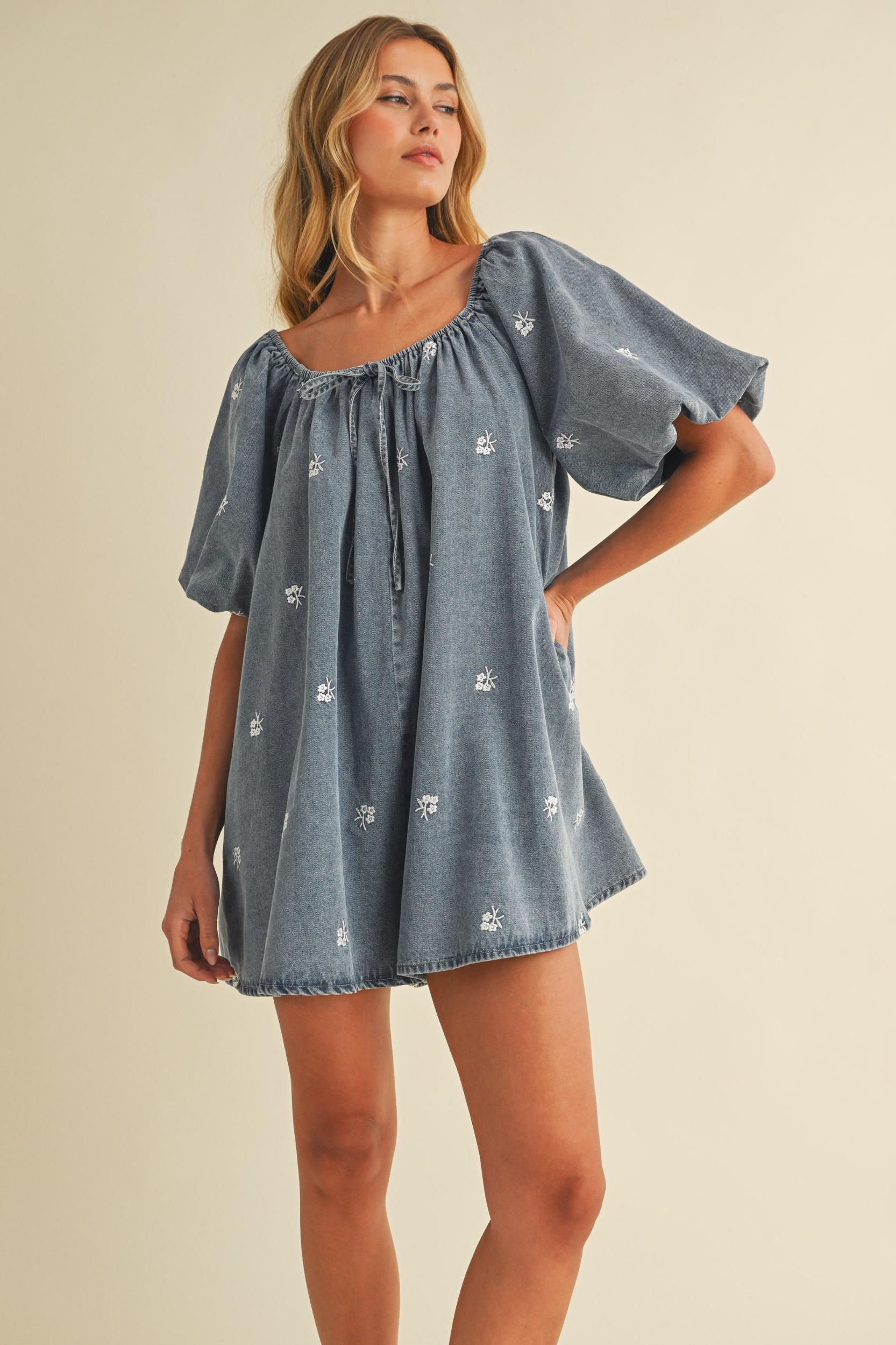 Embroidered Denim Puff Sleeve Romper Product Image